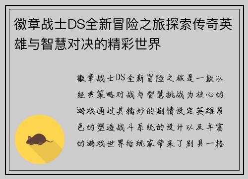 徽章战士DS全新冒险之旅探索传奇英雄与智慧对决的精彩世界 徽章战士DS全新冒险之旅探索传奇英雄与智慧对决的精彩世界